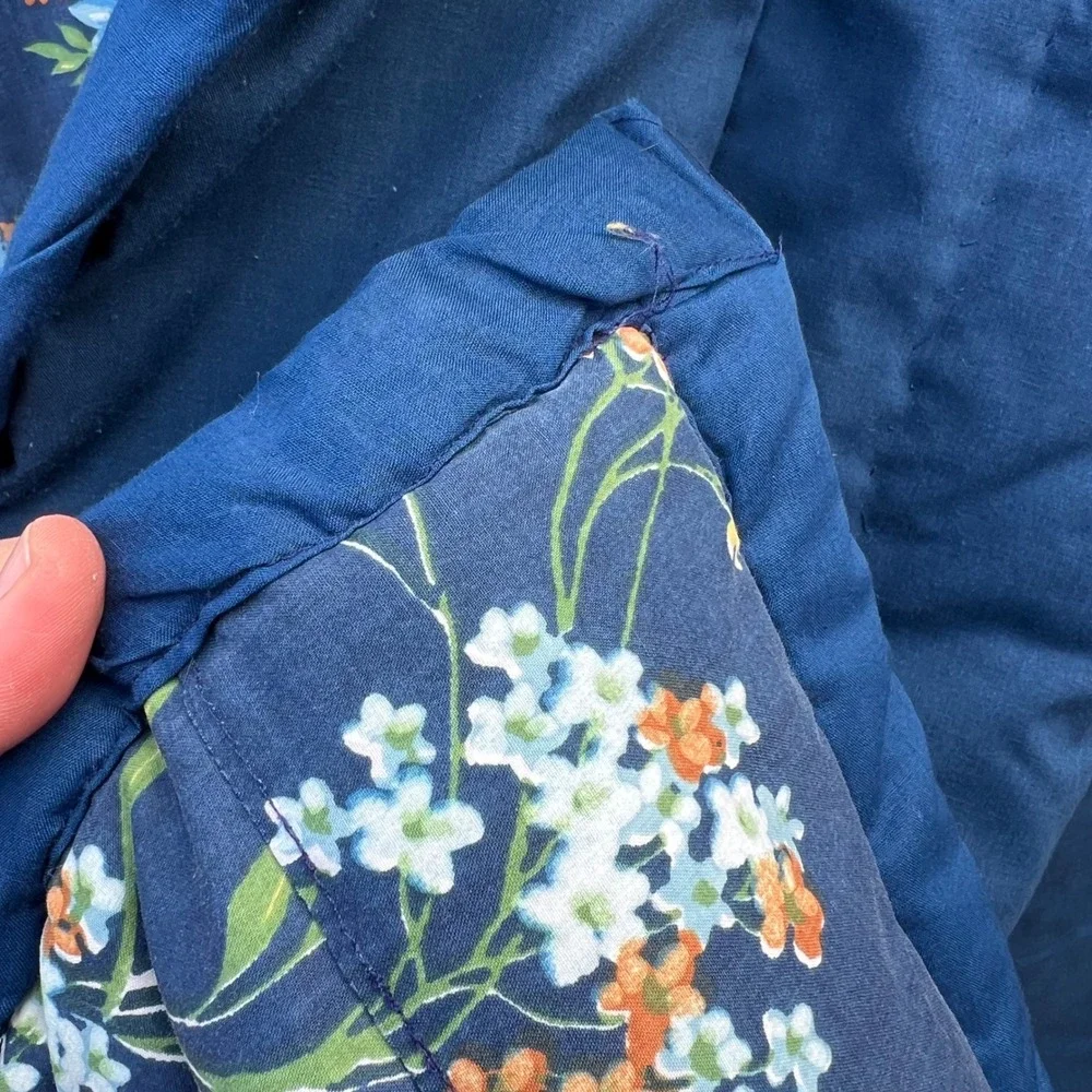 Vtg Handmade Quilt 78x82 Blue Floral Cottagecore Hand Stitched Cotton Full Queen